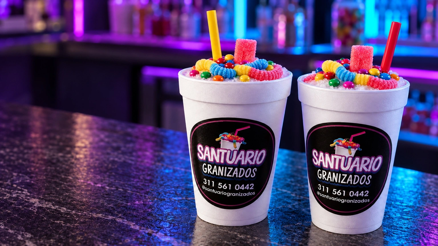 Dos granizados Santuario con gomitas y toppings sobre una barra iluminada en fucsia y azul